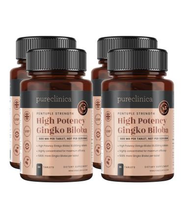 Pureclinica High Potency Ginkgo Biloba 30 000mg x 360 Tablets (4 Bottles of 90) - 12 Months Supply - 5 Times The Strength of Competitor Products