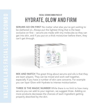 Valjean Labs Facial Serum Combo Pack - Hydrate, Glow, Firm | Supercharged Skincare | Paraben-Free, Cruelty-Free | Made in USA | 1oz Bottles, Pack of 3 - Buy Online on GoSupps.com