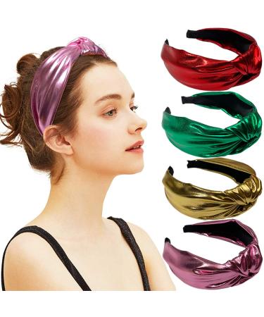BETITETO Glitter Knotted Headbands 4 Pack Vintage Shiny Metallic Wide Hair Bands Hoops for Women Girls (Gold + Green + Pink + Red)