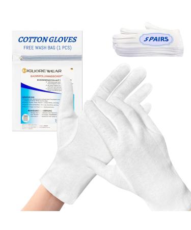 Migliore Wear 5 Pairs White Cotton Gloves for Eczema Hand Moisturising Gloves for Dry Hands Hand Care Jewelry Inspection Eczema Gloves for Adults with 1 Free Wash Bag 5 Pairs White-M