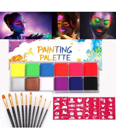 Proamate Glow in Dark Neon Face Body Paint Palette Kit - 12 Colors with Brushes & Stencils for Halloween Party & Carnival - Buy Online on GoSupps.com