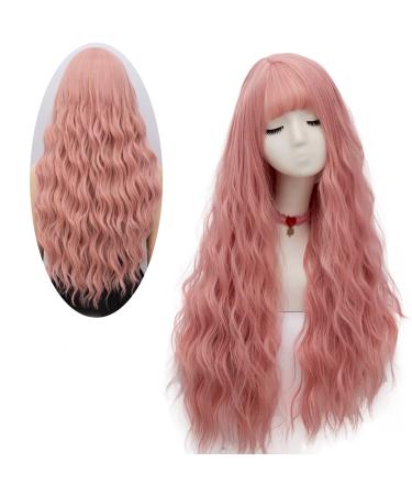 netgo Women's Pink Wig Long Fluffy Curly Wavy Hair Wigs for Girl Heat Friendly Synthetic Cosplay Party Wigs