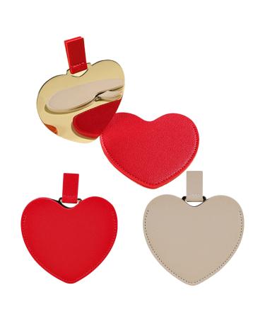 KFZDCG 3 Pcs Compact Pocket Stainless Steel Mirror - Mini Small Heart Shaped Unbreakable Handheld Mirror with PU Leather Cover for Travel Camping Home Gift for Women Girls (RedSilver)