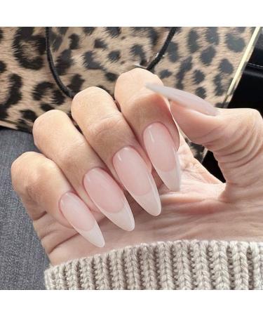 JUSTOTRY 24 Pcs Pale Pink Oval Medium False Nails Milky White French Press on Nails Short Pattern Pretty Fake Nails Short with Nail Glue Almond Stick on Nails for Women Nails Fake Nail for Nails Art Milky &pink1