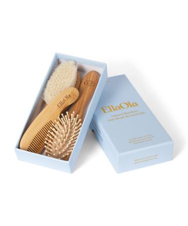 EllaOla Baby Natural Bamboo Hair Brush and Comb Set | 3 Piece Set Includes Ultra Soft Bristle Goat Wool Cradle Cap Brush  Massage Hair Brush  and Rounded Bamboo Comb for Toddlers  Newborns & Infants