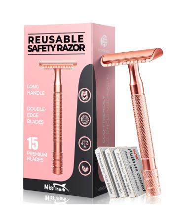 Safety Razor for Women Men with 15 Stainless Steel Double Edge Blades Long Handle Men s Single Blade Razors for Shaving Imported Upgraded Blades Reduce Razor Burns Rose Gold