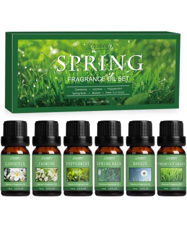 SALUBRITO Spring Essential Oils Set Aromatherapy Fresh Spring Fragrance Oils for Diffusers and Home Candle Making - Gardenia Jasmine Peppermint Fresh Cut Grass Spring Rain Breeze Scent Oil