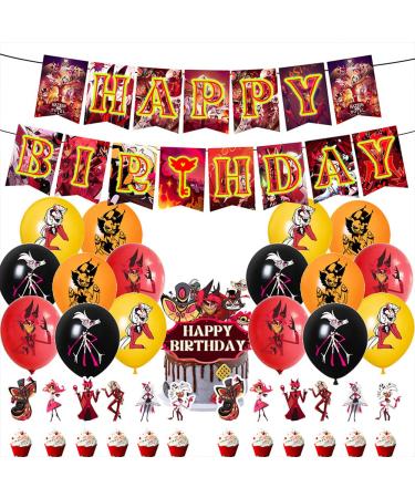 Hazbin Hotel Birthday Party Decorations Supplies Set Happy Birthday Banner Anime Hazbin Hotel Balloons Alastor Angel Dust Charlie Cake Topper Cupcake Toppers Set 2