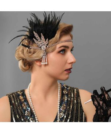 Handcess 1920s Flapper Feather Headband Black Feather Crystal Headband Women's Vintage Pearl Flapper Headpiece 20's Theme Cocktail Hair Accessories for Costume Prom Carnival Party - Buy Online on GoSupps.com