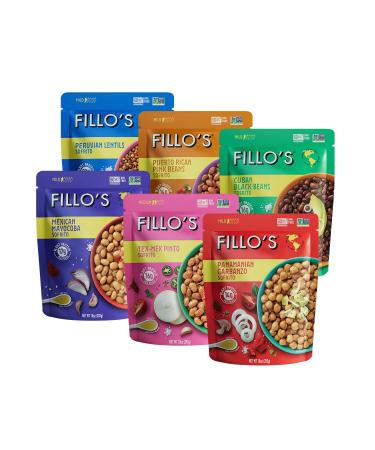 Fillo's Variety Pack, Sofrito Beans, 6 Count, Cuban Black Beans, Tex Mex Pinto, Puerto Rican Pink Beans, Mexican Mayocoba Beans, Peruvian Lentils, Panamanian Garbanzos, Non-GMO, Vegan, Plant Protein