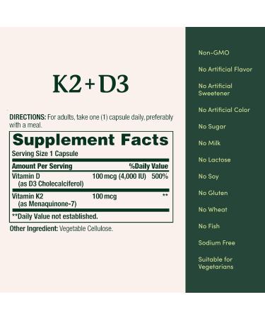 Nature's Bounty Vitamin D3 K2 Supplement 4000 IU Vitamin D3 Plus 100 mcg of Vitamin K Supplements for Adults for Heart & Bone Health Support 60 Day Supply 60 Vegetarian Capsules (Pack of 3) 60 Count (Pack of 3) - Buy Online on GoSupps.com