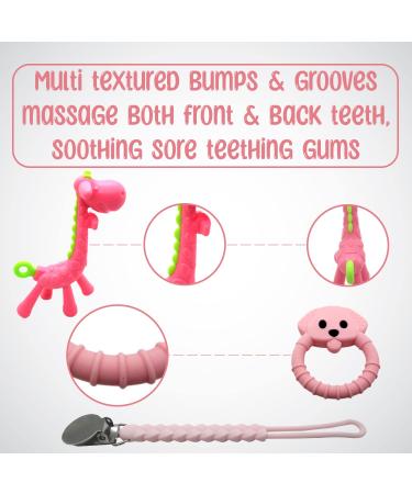 Baby Teething Toy Set - Pink Pacifier Clip, Giraffe & Bear Teethers - BPA Free Silicone Chew Toys for Infants - Freezer Safe - Buy Online on GoSupps.com