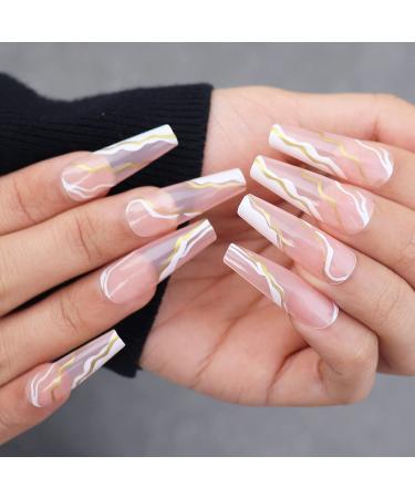 MISUD Extra Long Coffin Fake Nails - 24Pcs Gold & White Swirl False Nails - Glossy Full Cover Nude Acrylic Nails for Women and Girls - Buy Online on GoSupps.com