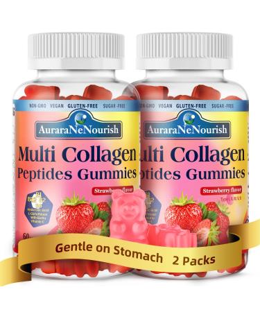 2 Packs Multi Collagen Peptides Gummies Sugar Free Hydrolyzed 5000mg Protein Type I II III V X with Biotin Hyaluronic Acid Vitamin C A D B6 B12 L-Glutathione for Skin Hair Nail & Joint Bone
