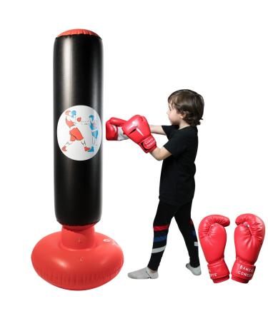 Inflatable Punching Bag for Kids with Gloves - Kids Punching Bag Include a Pair of Premium Gloves - Kids Boxing Set for Fitness Exercise to Release Energy Red Gloves