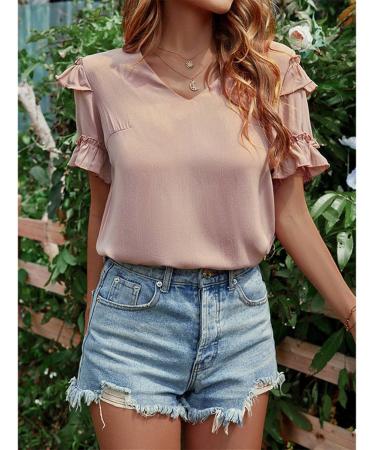 Short Sleeve Shirt Soft Loose Ruffled Bell Sleeve Vneck Casual Blouse for Women for Office Work Pink Large - Buy Online on GoSupps.com
