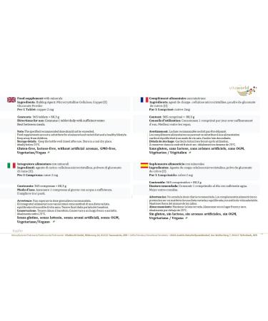 Vita World Copper 2mg 365 Tablets - Vegan, High Bioavailability, Made in Germany | Analysis Certificate Included - Buy Online on GoSupps.com