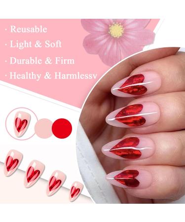 24-Piece Valentine's Day Almond Artificial Nails - Medium Red French Press-On Acrylics | 12 Sizes Oval Love Heart Nails for Women & Girls - Buy Online on GoSupps.com