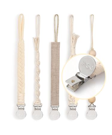 YMVV Modern Pacifier Clips for Boys and Girls Handmade Braided Rope Unisex Design Universal Paci Clip Fits Most Pacifier Styles 5 Pack A-5 pack Beige