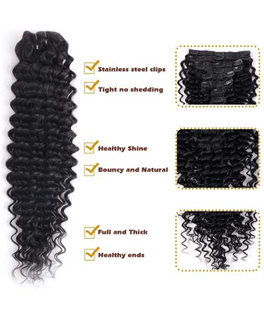 Tahikie 20 Deep Wave Clip in Hair Extensions - Brazilian Remy Human Hair - Natural Black (1B) - 120g - 8Pcs Double Weft with 18 Clips - Thick to Ends - Real Human Hair for Women - Buy Online on GoSupps.com