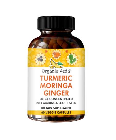 Organic Veda Turmeric Moringa Ginger Capsules - Super Antioxidants & Curcumin Supplement with 20:1 Moringa Leaf & Seed Extract Black Pepper - Energy Joints Heart Health Support - 60 Vegan Pills