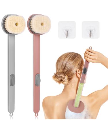 Ainiv 2 Pack Back Scrubber for Shower Long Handled Shower Brush with Soap Dispenser Exfoliating Body Scrubber for Wet or Dry Brushing Shower Brush with Soft Bristles(Grey & Pink)