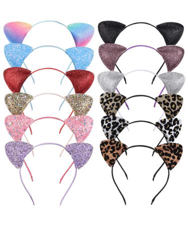 FRCOLOR Cat Ears Headband Upgraded Double-sided Glitter Sequin Ear Headbands Leopard Print Cat Ears for Daily Party 12Pack
