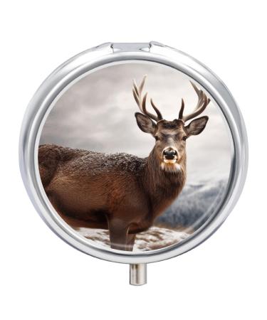 Round Pill Box Wild Animals Deer Print 3 Compartment Medicine Pill Case Print Pill Organizer Decorative Metal Portable Pill Box Pocket Pill Box Style-9