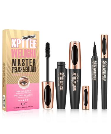 Joyeee 2Pack Mascara Eyeliner Set 4D Silk Fiber Eyelash Mascara and Liquid Eyeliner Thicker Voluminous Eyelashes Long Lasting Waterproof SmudgeProof Eyes Makeup Kit05