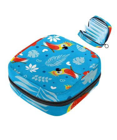 Menstruation pad bag with zipper women's napkin bag tampons collecting bags for women and girls (tropical cacadus parrot bird palm pattern)