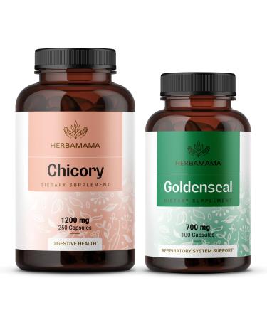 HERBAMAMA Chicory and Goldenseal Kit - Bundle of Chicory Root Capsules 250 & Goldenseal Root Capsules - Vegan Non-GMO Sugar & Alcohol-Free - 2 Pack