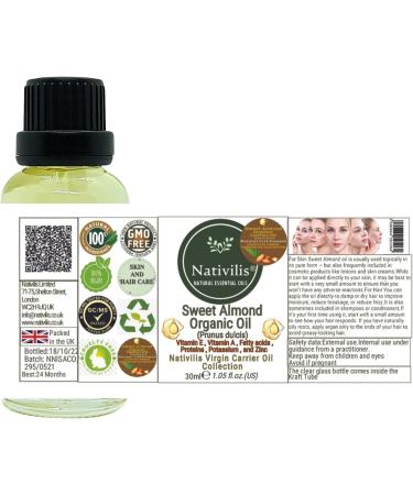 Nativilis Sweet Almond Organic Carrier Oil (Prunus dulcis) King of Nuts- Hair Face & Skin Natural Cold Pressed Cleansing Moisturizer Face Chapped Lips Emollient Properties Healthy Scalp - Copaiba - Buy Online on GoSupps.com