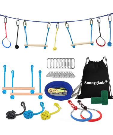 Sunnyglade 40FT Ninja Obstacle Course Kit for Kids- 40 FT Webbing, 2 Monkey Bars, 3 Fists & 2 Gym Rings, Complete Accessories Playset Equipment for Holiday