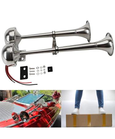 Boat Horns 12V, Marine Boat Trumpet Horn Polished Stainless Steel Marine Horn, BANHAO Low and High Tone with Adjustable Support Dual Trumpet Horn Complete 2 Trumpet