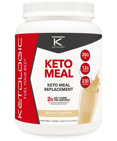 Ketologic Keto Meal Replacement Shake Powder for Optimal Results + MCT Oil + Grass-Fed Whey - Perfectly Formulated Macros for Ketosis - 20 Servings - Vanilla