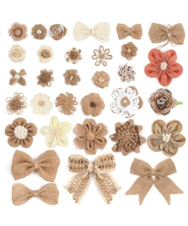 VGOODALL 32 PCS Natural Burlap Flowers Set Burlap Lace Flowers Bowknot for Wedding Party Decor Home Embellishment DIY Crafts Small Brown