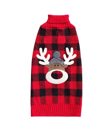 KYEESE Christmas Dog Sweaters Reindeer Dog Sweater Red Buffalo Check with Leash Hole for Small Medium Dogs Pet Apparel Large (11-19lbs) Christmas (Reindeer)