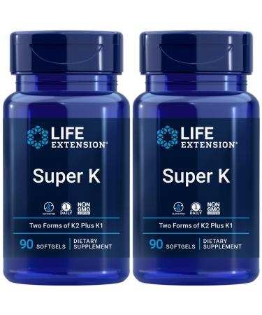 Life Extension Super K Vitamin K1 Vitamin K2 mk-7 Vitamin K2 mk-4 Vitamin C Bone/Heart/arterial Health 3-Month Supply Gluten-Free 1 Daily Non-GMO 90 softgels (Pack of 2) Unflavored 90 Count (Pack of 2)