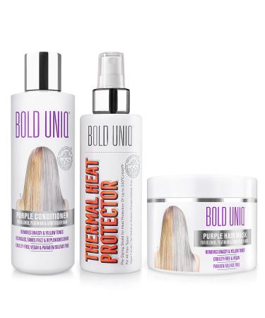 BOLD UNIQ Purple Hair Mask For Blonde, Platinum, Bleached, Silver, Gray, Ash & Brassy Hair, Purple Conditioner, and Heat Protectant Spray Bundle - Cruelty Free and Vegan