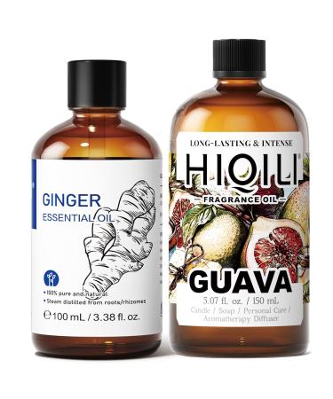 HIQILI 100ML Pure Ginger Essential Oil & 150ML Guava Fragrance Oil for DIY Diffuser
