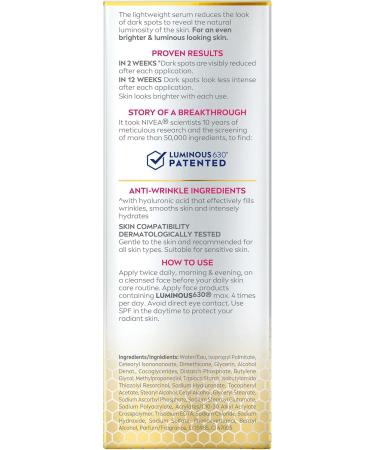 NIVEA LUMINOUS630 Dark Spot Solution Advanced Face Serum for All Skin Types Dark Spot Serum Visibly Reduces Dark Spots in Just 2 Weeks Hyaluronic Acid Serum Dermatologically-Tested Skin Care 30mL - Buy Online on GoSupps.com