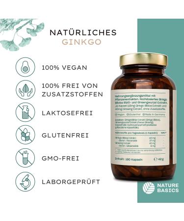 Natural Ginkgo Biloba 180 Capsules - 115mg Ginkgo & 40mg Ginseng | Vegan Certified & Sustainable Supplements - Buy Online on GoSupps.com