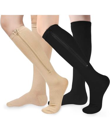 bropite Zipper Compression Socks Women&Men 2 Pairs Knee High 15-20 mmHg Closed Toe Compression Socks For Running, Varicose Beige Black Large-X-Large