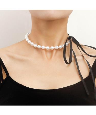 Vsilay Punk Black Velvet Ribbon Choker Necklace with Simulated Pearl Charm - Gothic Jewelry Gift for Festivals - Buy Online on GoSupps.com