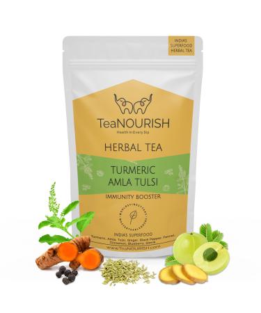 Teanourish Turmeric Amla Tulsi Herbal Tea |Caffeine-Free |Blended with Ginger Blueberry Cinnamon & Stevia |Improves Hair Growth Supports Immunity - 100g Turmeric Amla Tulsi 100g pack - Buy Online on GoSupps.com