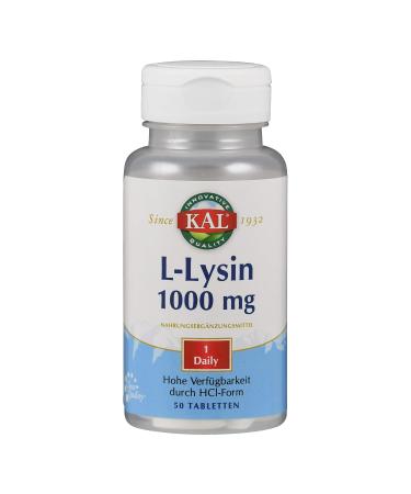 Kal L-Lysine | 1000mg | 50 tablets | vegan | gluten-free | non-GMO | laboratory-tested | dietary supplement with essential amino acids | important for all body functions