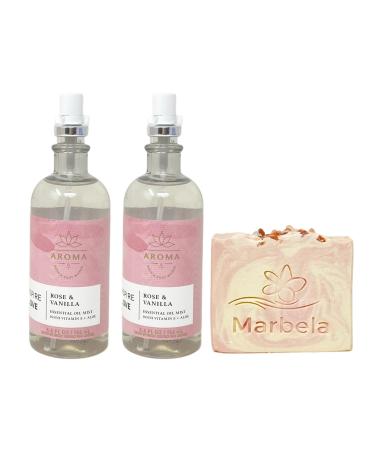 Bath & Body Works Aroma Inspire Love ROSE + VANILLA 2 Pack Essential Oil Mist Set with a Himalayan Salts Springs Bar Soap - Full Size