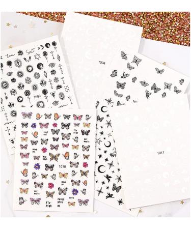 3D Black White Butterfly Nail Art Stickers - Self-Adhesive Constellation Flowers Star Moon Designs - 6 Sheets - Buy Online on GoSupps.com