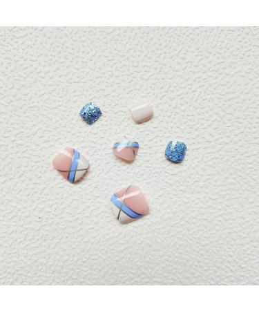 Blue White Glitter French Tip Square False Toenails - Full Cover Short Acrylic Toe Nails for Women - Buy Online on GoSupps.com