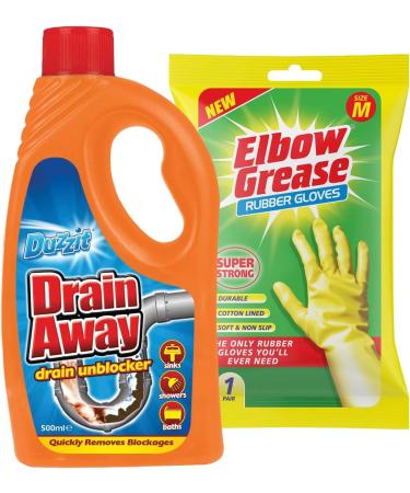 Duzzit Drain Away Drain Unblocker Liquid Formular for Sink Bath Shower 500ml with Free Elbow Grease Household Medium Rubber Gloves - Buy Online on GoSupps.com